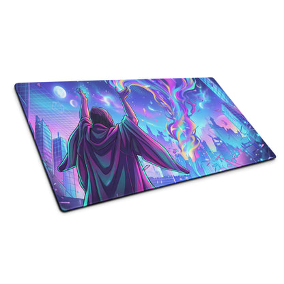 Neon vaporwave gaming mouse pad with vibrant purple and blue nebula-themed cyberpunk cityscape and robed figure design