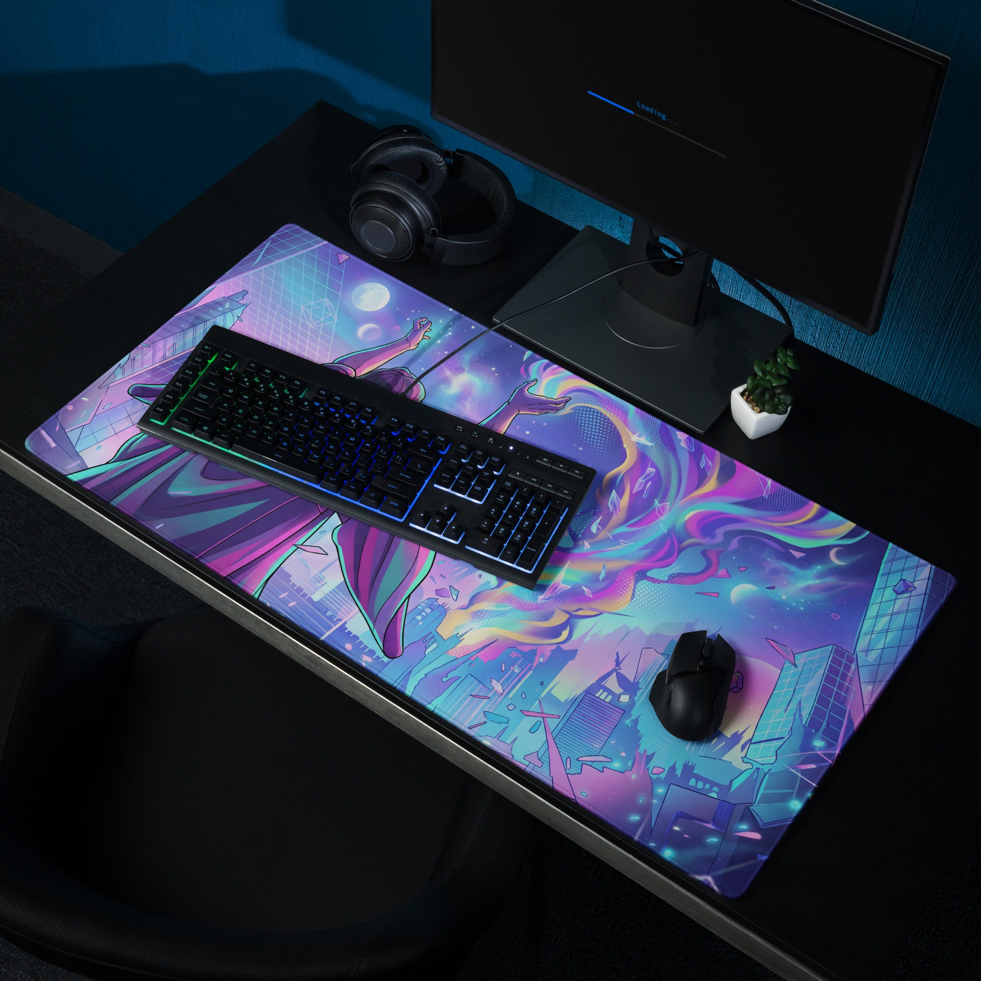 Vibrant purple and neon blue cyberpunk gaming mousepad with dynamic cityscape design for neon vaporwave gaming setup
