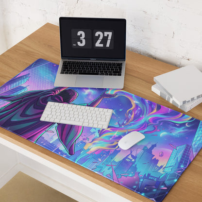 Neon vaporwave gaming mouse pad in vibrant purple and blue with a cyberpunk figure and glowing neon cityscape design