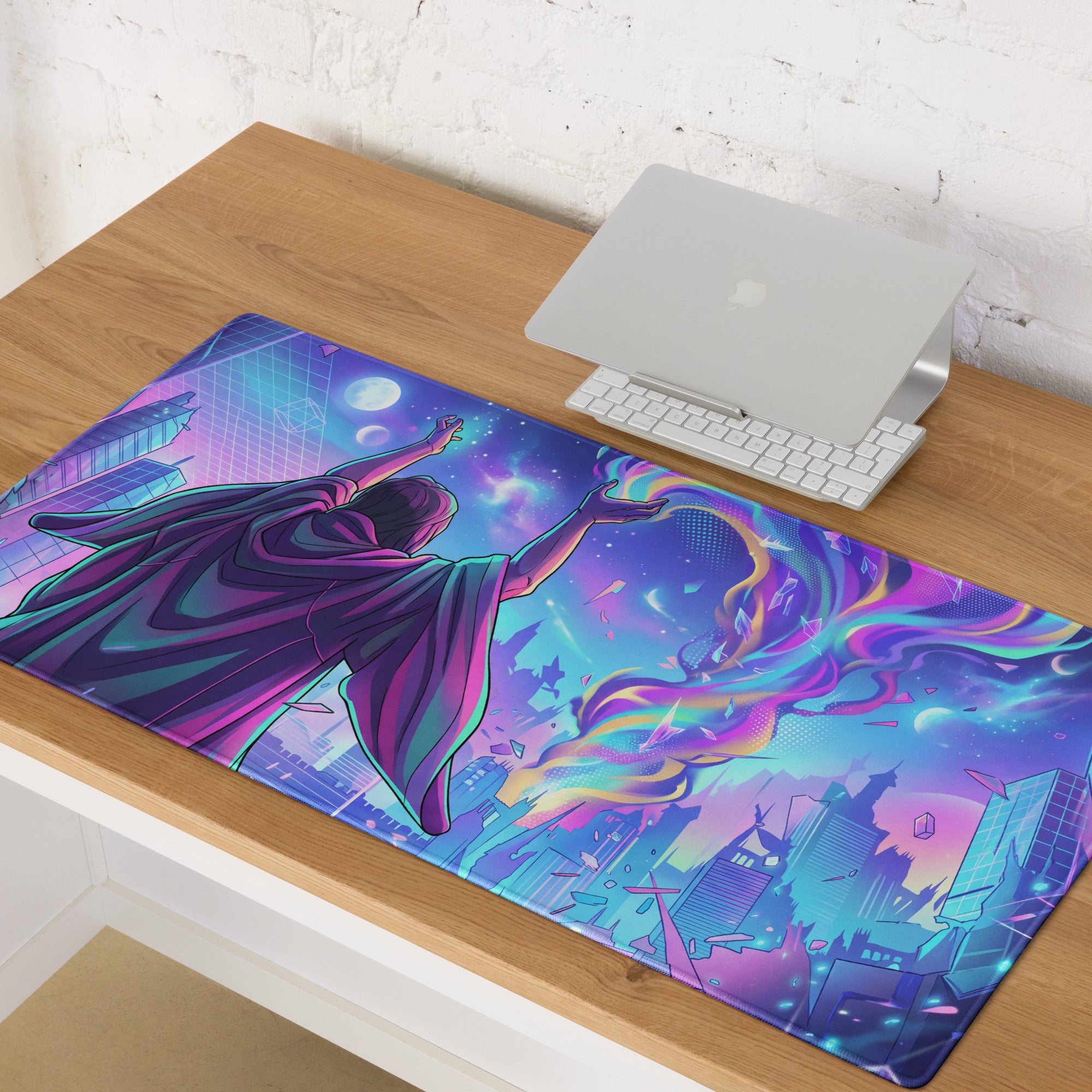 Neon vaporwave gaming mouse pad with vibrant neon purple and cyan cosmic design featuring a futuristic cityscape