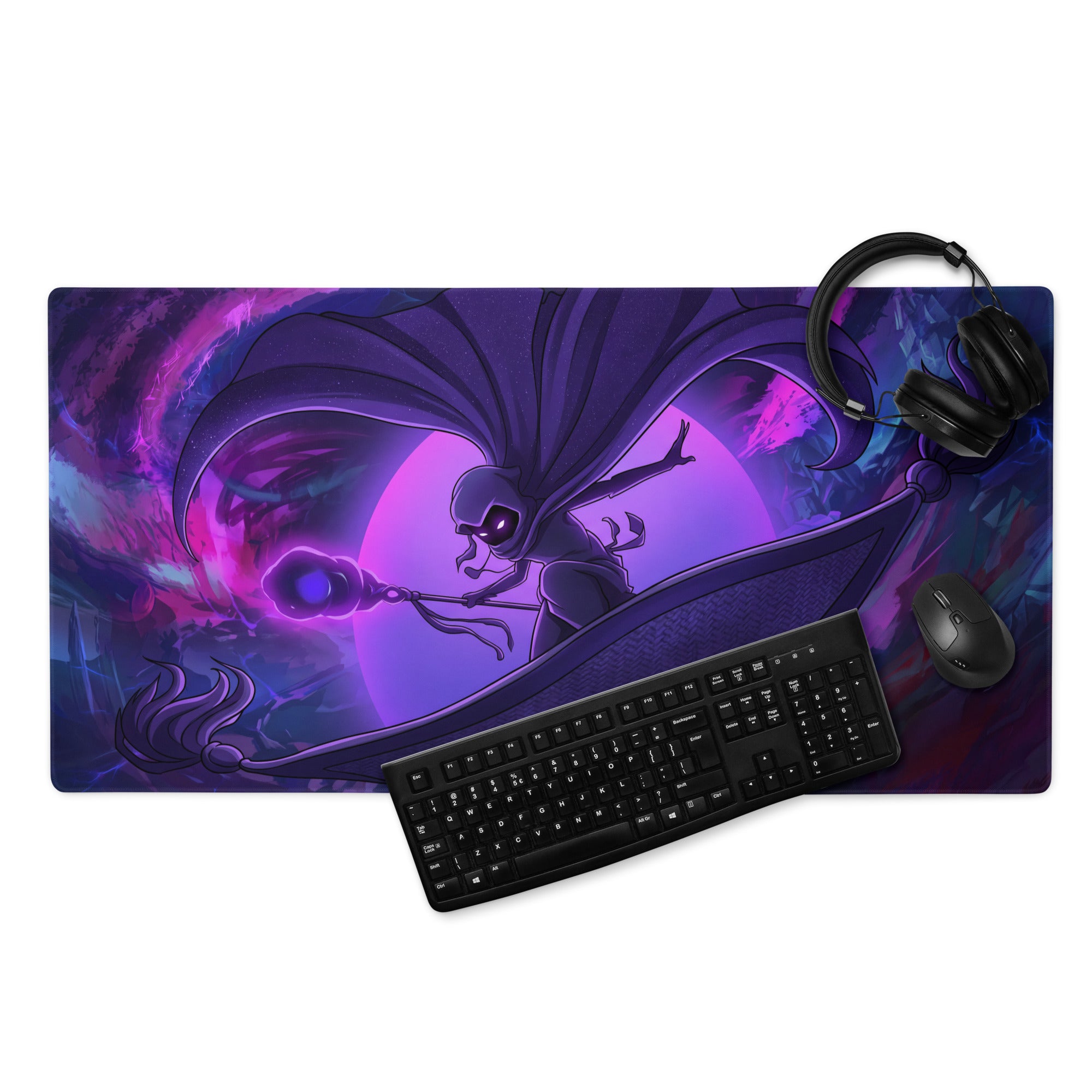 Purple and pink gaming mousepad with a cape character holding a staff on a cosmic vaporwave neon anime design