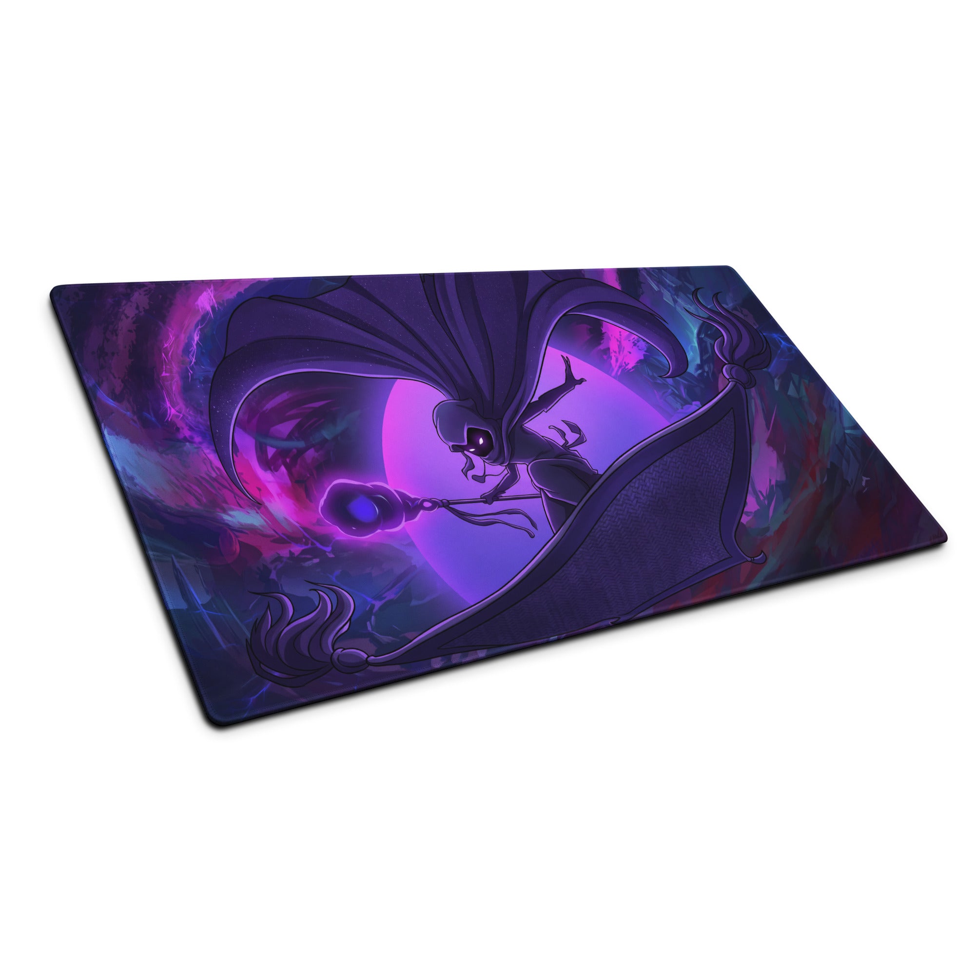 Purple and black vaporwave neon anime mouse pad with stylized winged character on a cosmic background for gaming desk
