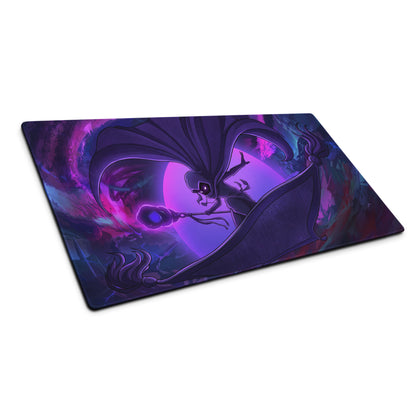Purple and black vaporwave neon anime mouse pad with stylized winged character on a cosmic background for gaming desk