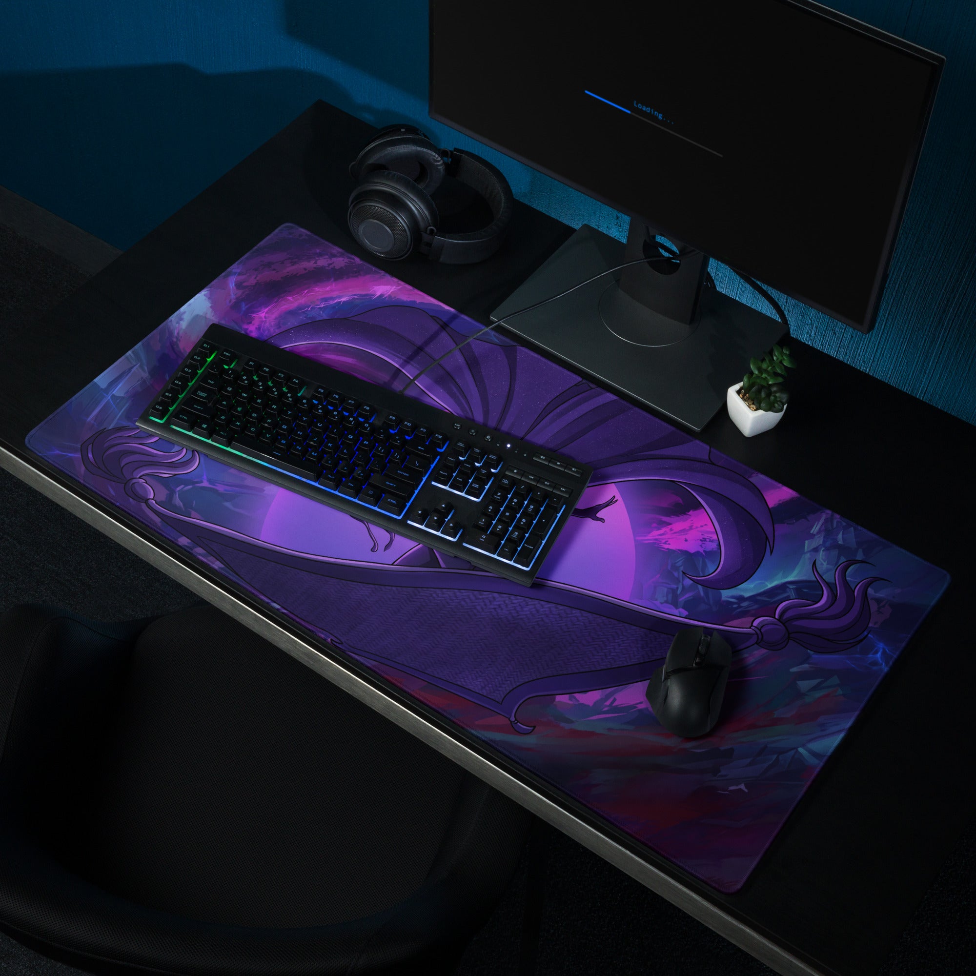 Purple and pink vaporwave neon anime mouse pad with fantasy character design for gaming desk setup