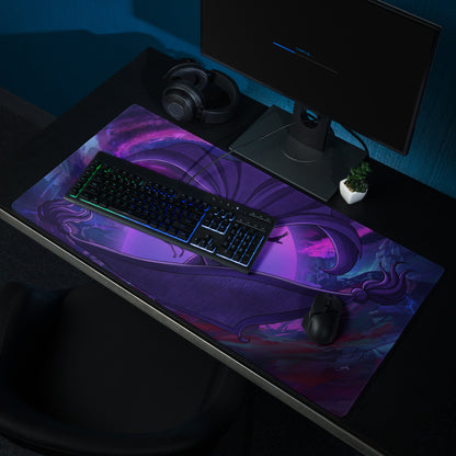 Purple and pink vaporwave neon anime mouse pad with fantasy character design for gaming desk setup