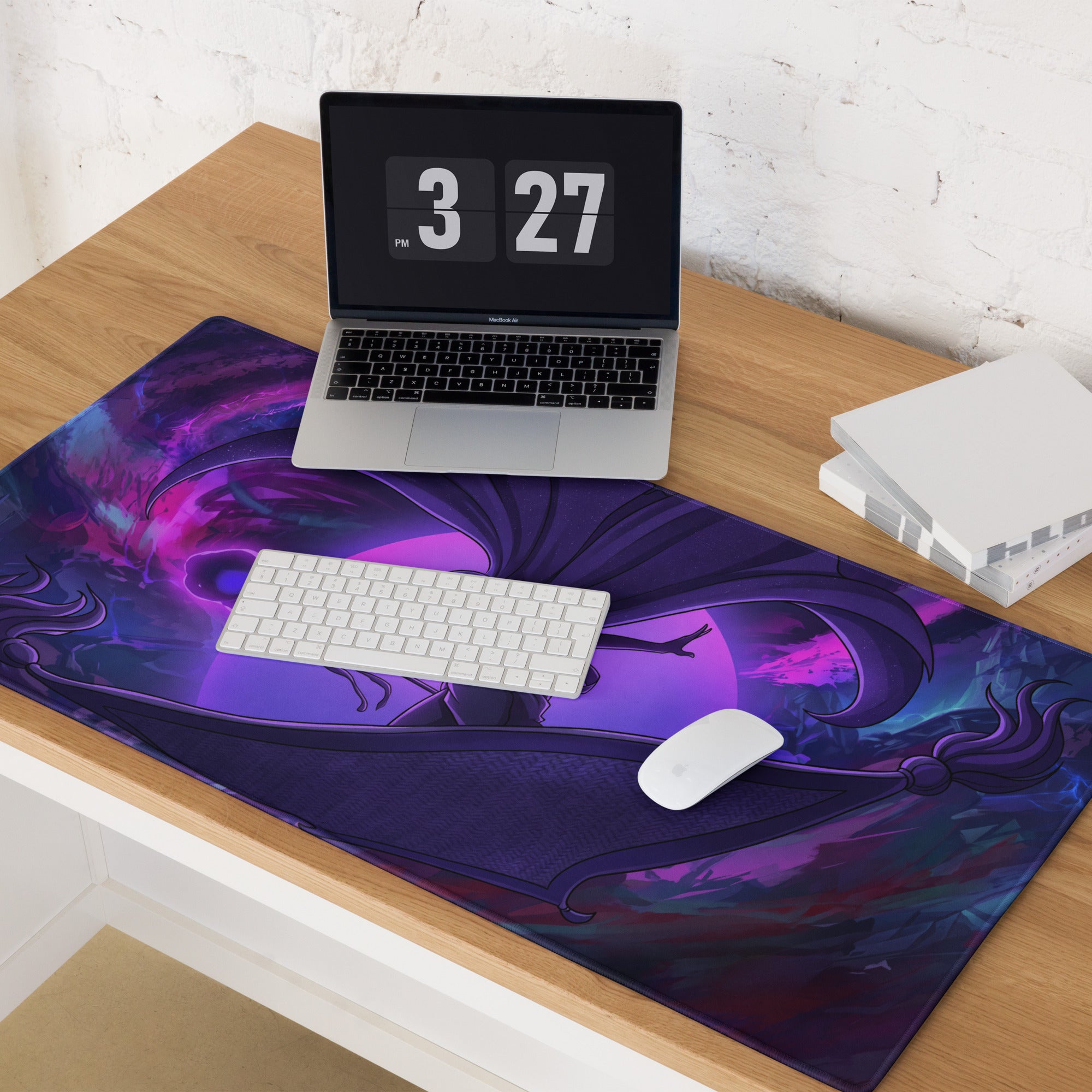 Purple and black fantasy-themed gaming mousepad with a neon dragon design for vaporwave anime desk setup