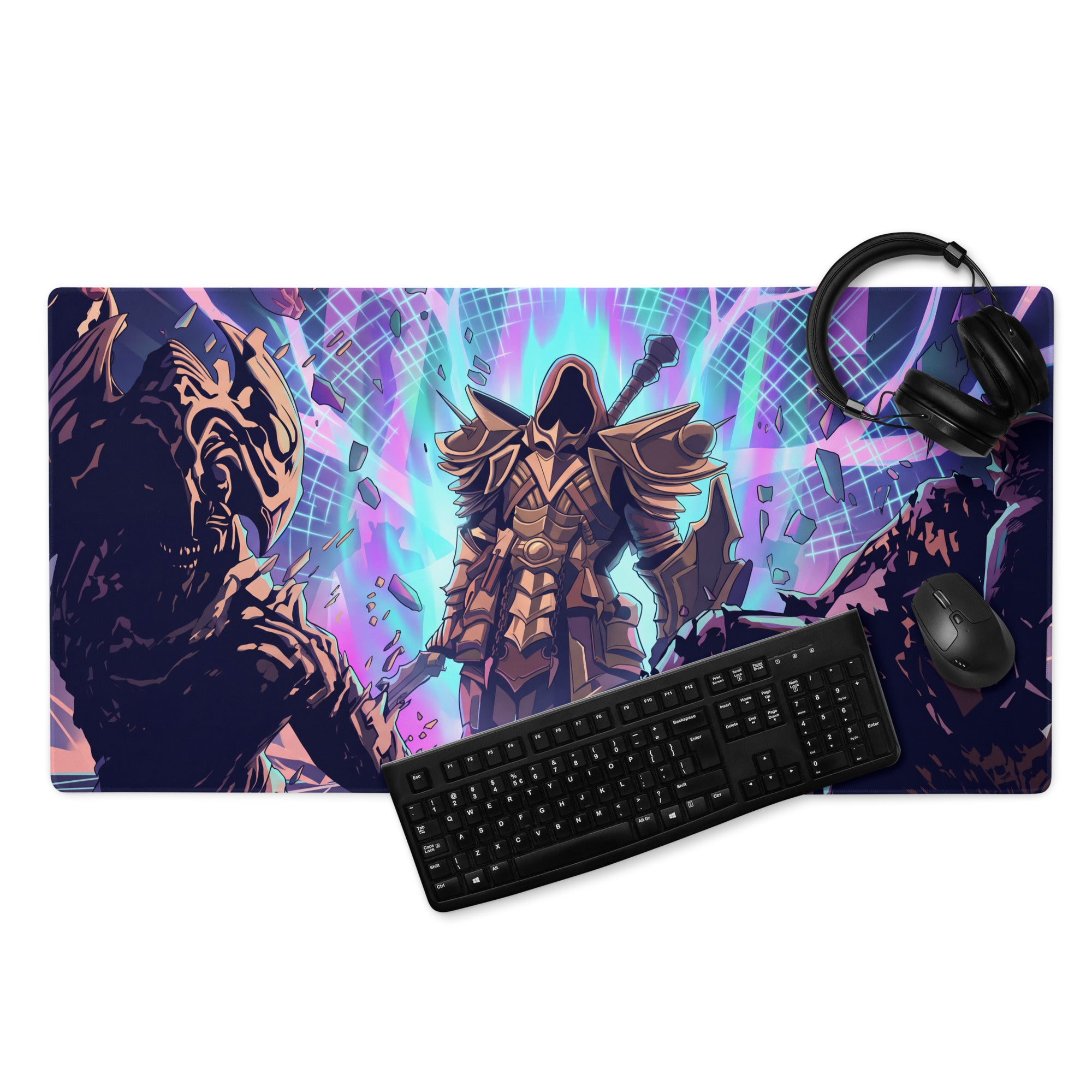 Vaporwave neon battle armor mouse pad with vibrant purple teal design featuring golden armored warrior and glowing energy effects