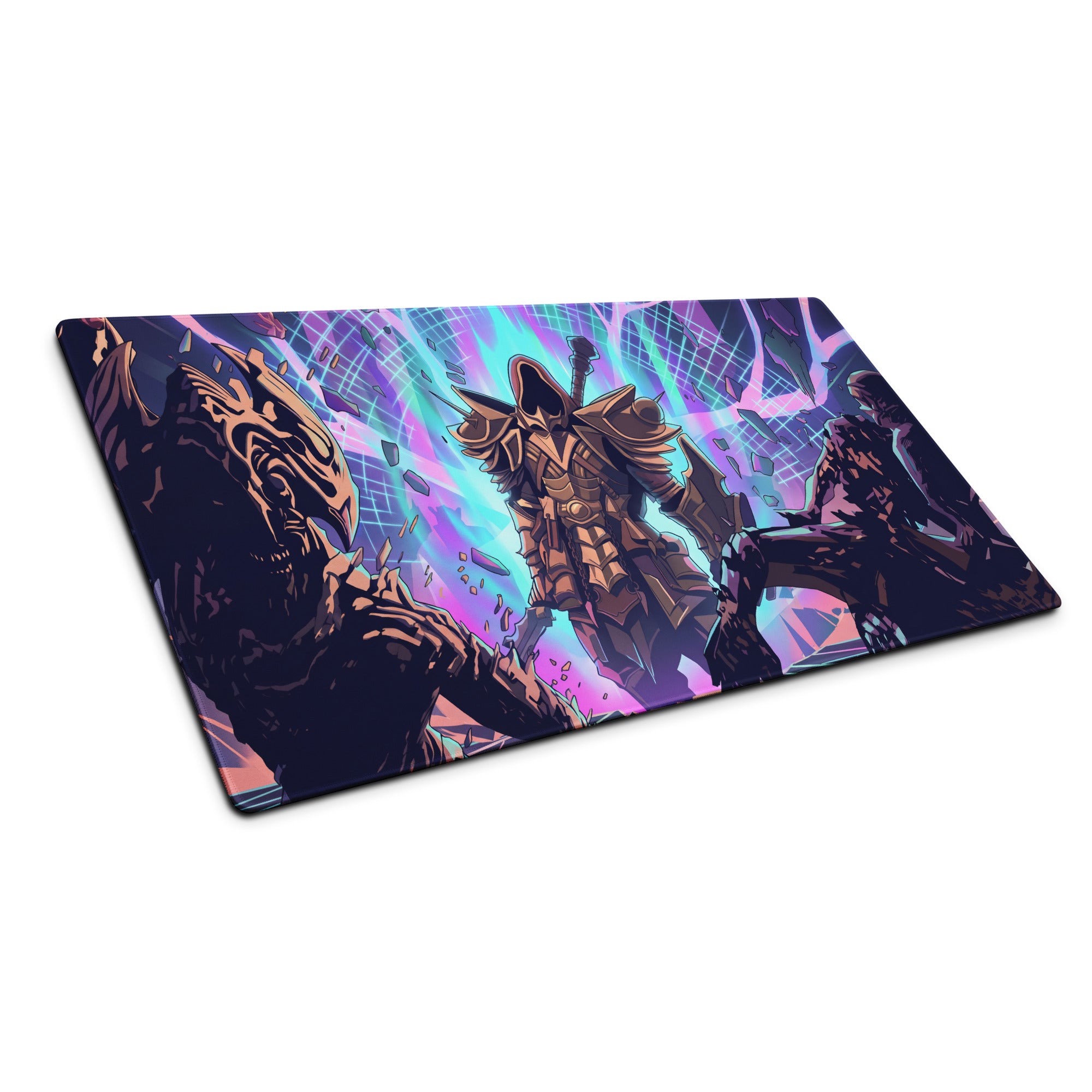 Vaporwave neon battle armor mouse pad featuring vibrant armored warriors in neon pink and blue with glowing energy background
