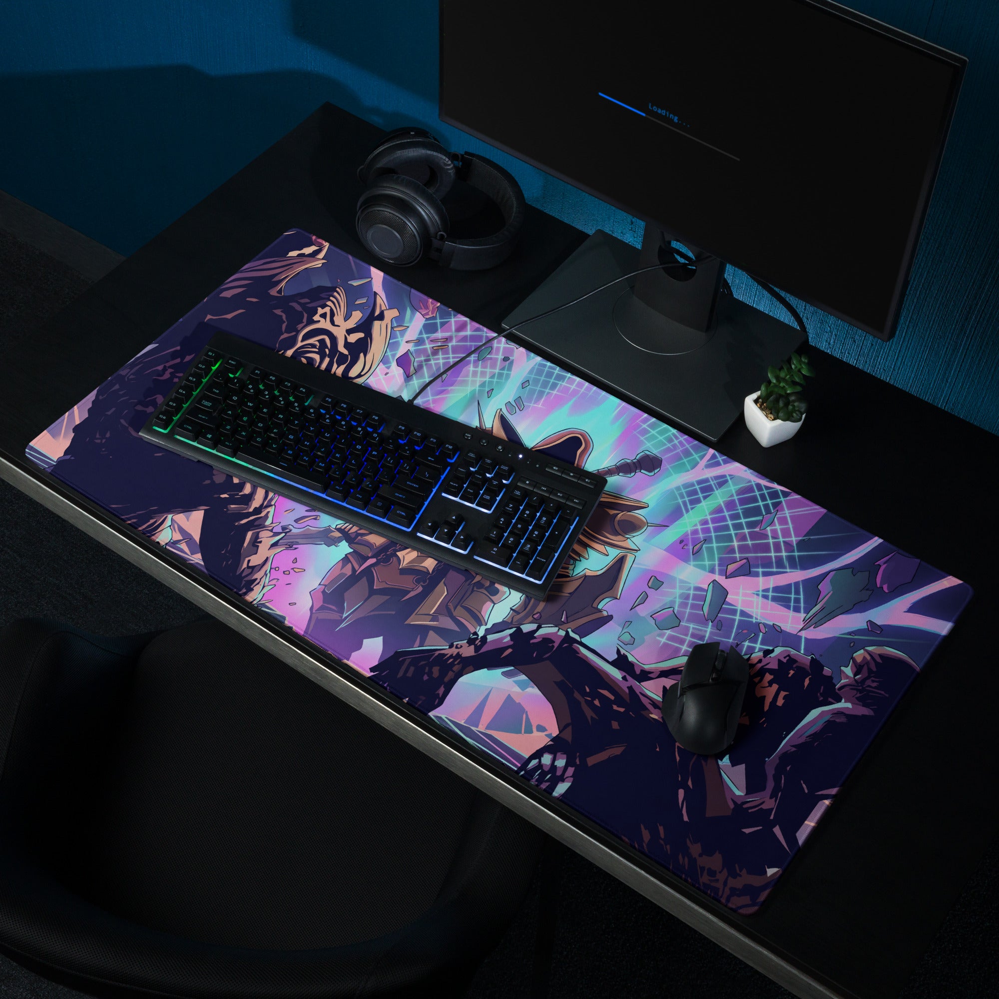 Vibrant purple and teal vaporwave neon battle armor gaming mousepad with armored warrior fantasy illustration