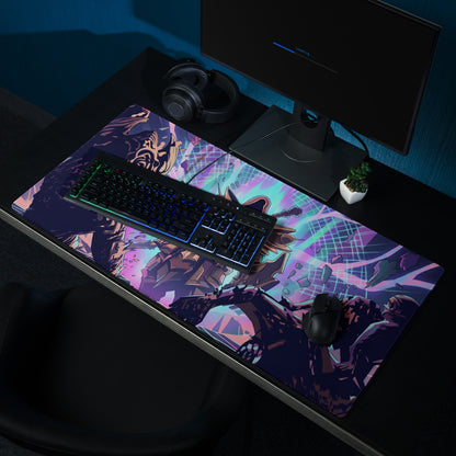 Vibrant purple and teal vaporwave neon battle armor gaming mousepad with armored warrior fantasy illustration