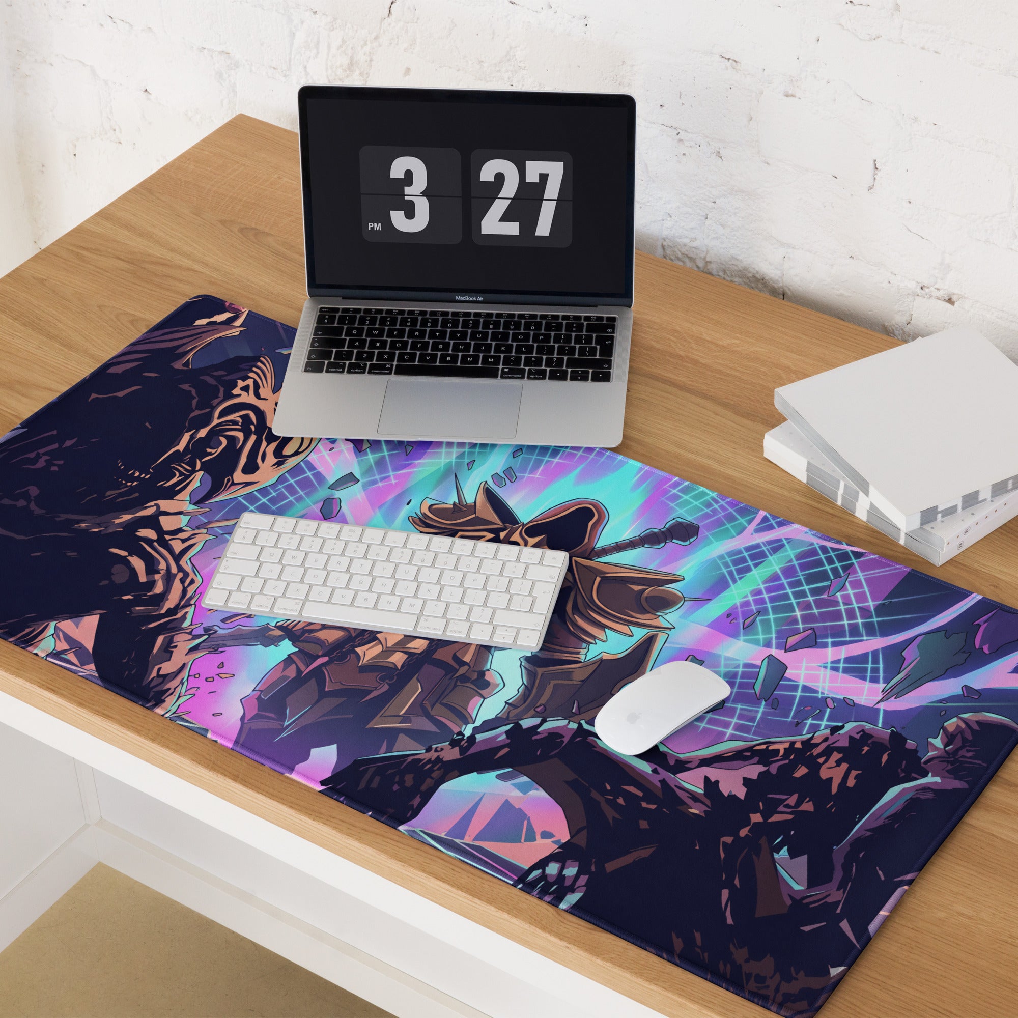 Vibrant purple and teal vaporwave neon battle armor mouse pad featuring stylized armored figures on a glowing grid background