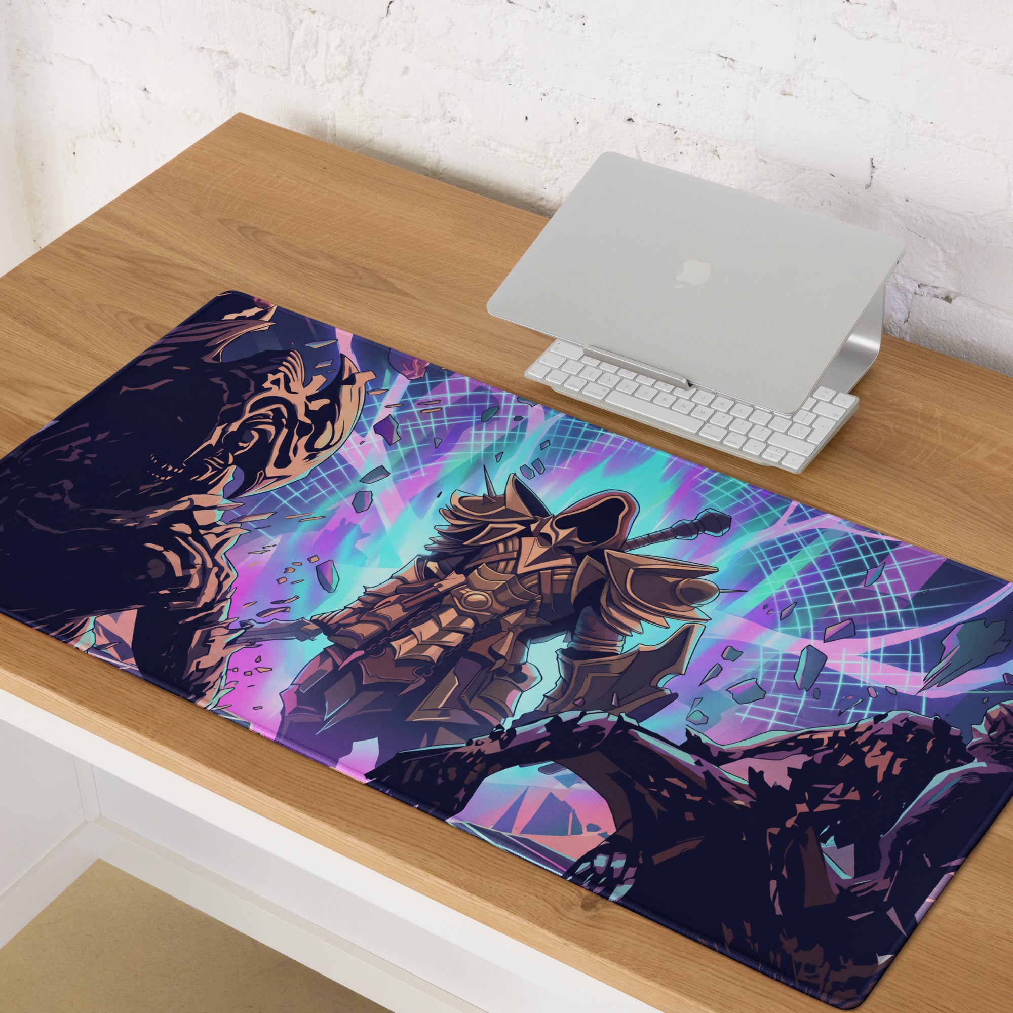 Vaporwave neon battle armor gaming mousepad with vibrant purple teal and pink armored warrior fantasy design on dark background