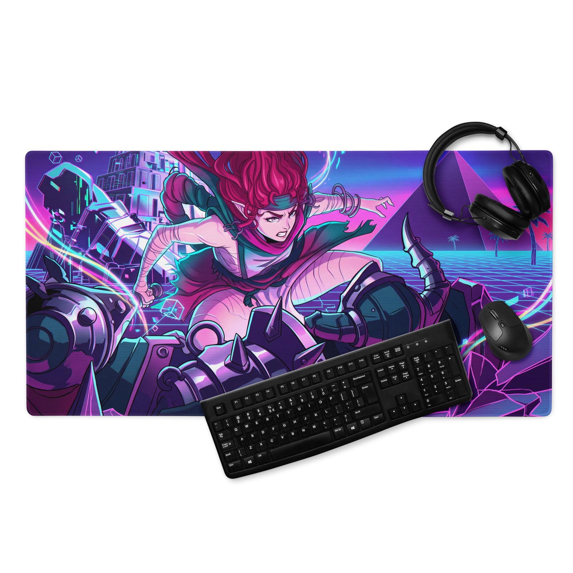 Vibrant purple and neon pink neon vaporwave gaming mouse pad with dynamic anime-style character in futuristic armor