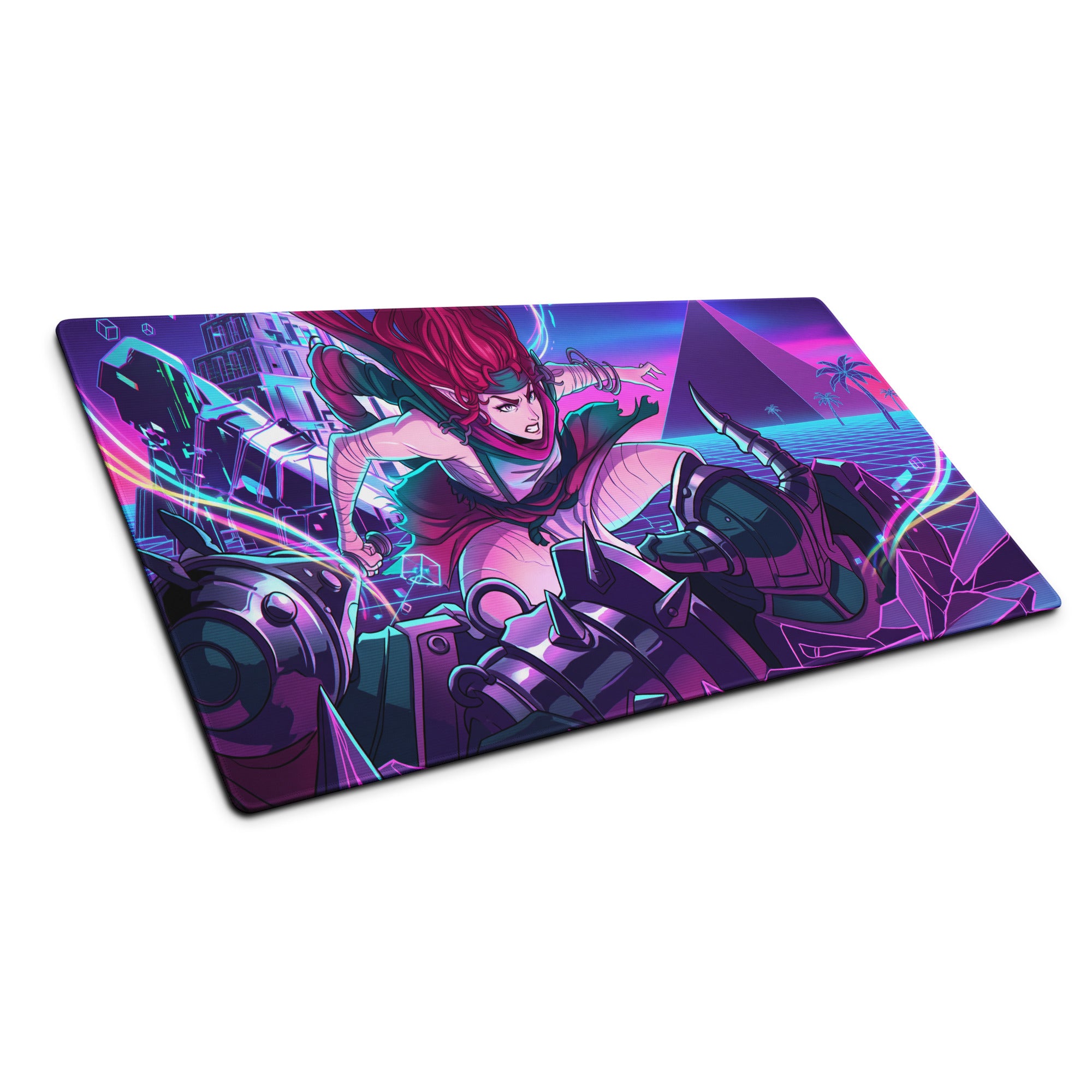 Neon vaporwave gaming mousepad in pink and purple featuring anime character and futuristic cityscape design