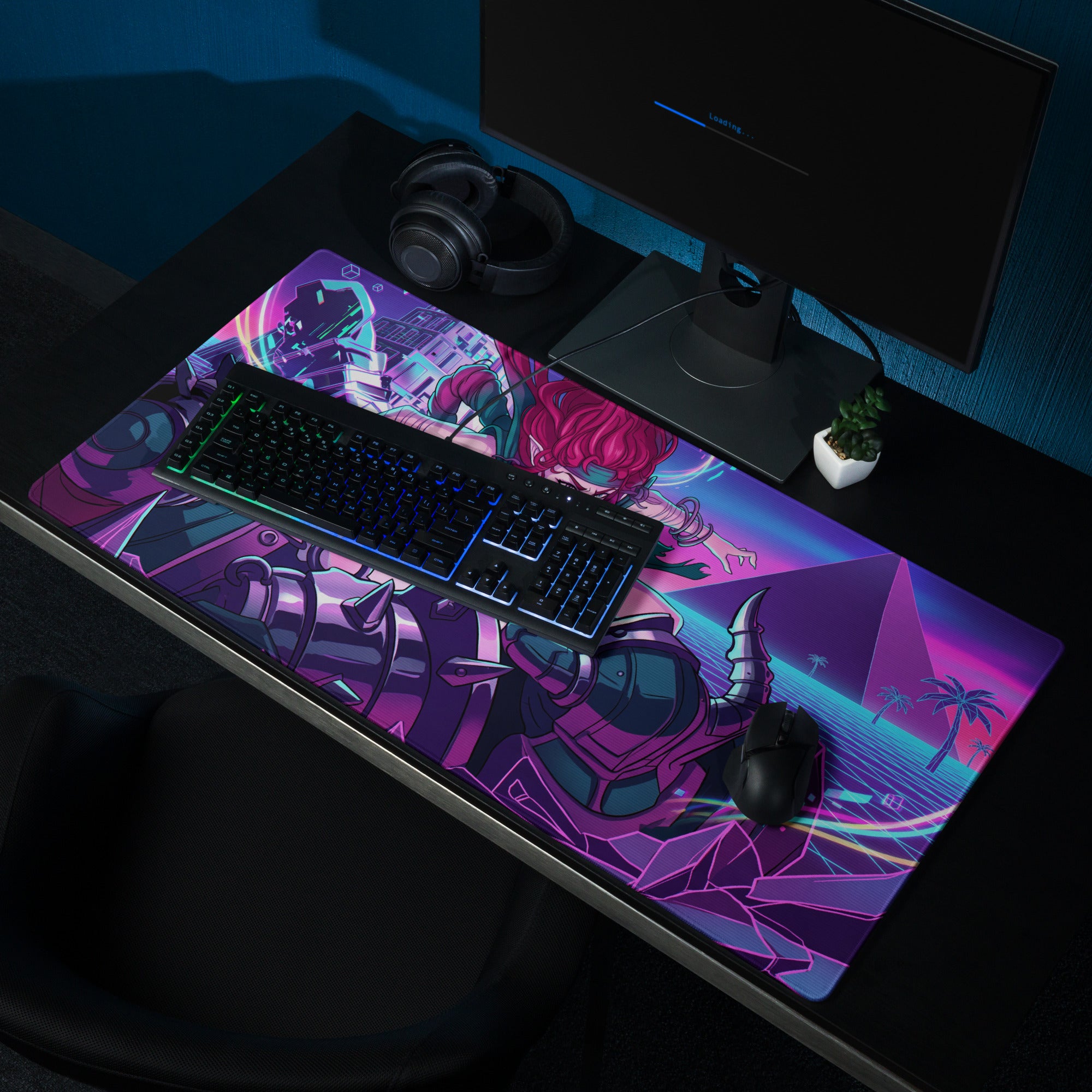 Neon vaporwave gaming mouse pad in purple and pink featuring a stylized anime character in futuristic armor