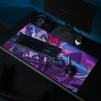 Neon vaporwave gaming mouse pad in purple and pink featuring a stylized anime character in futuristic armor