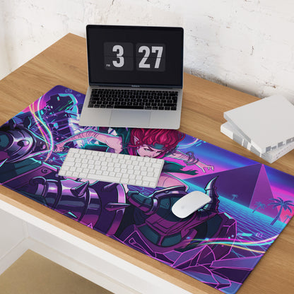 Vibrant purple and neon pink gaming mousepad with futuristic anime character design for vaporwave esports use