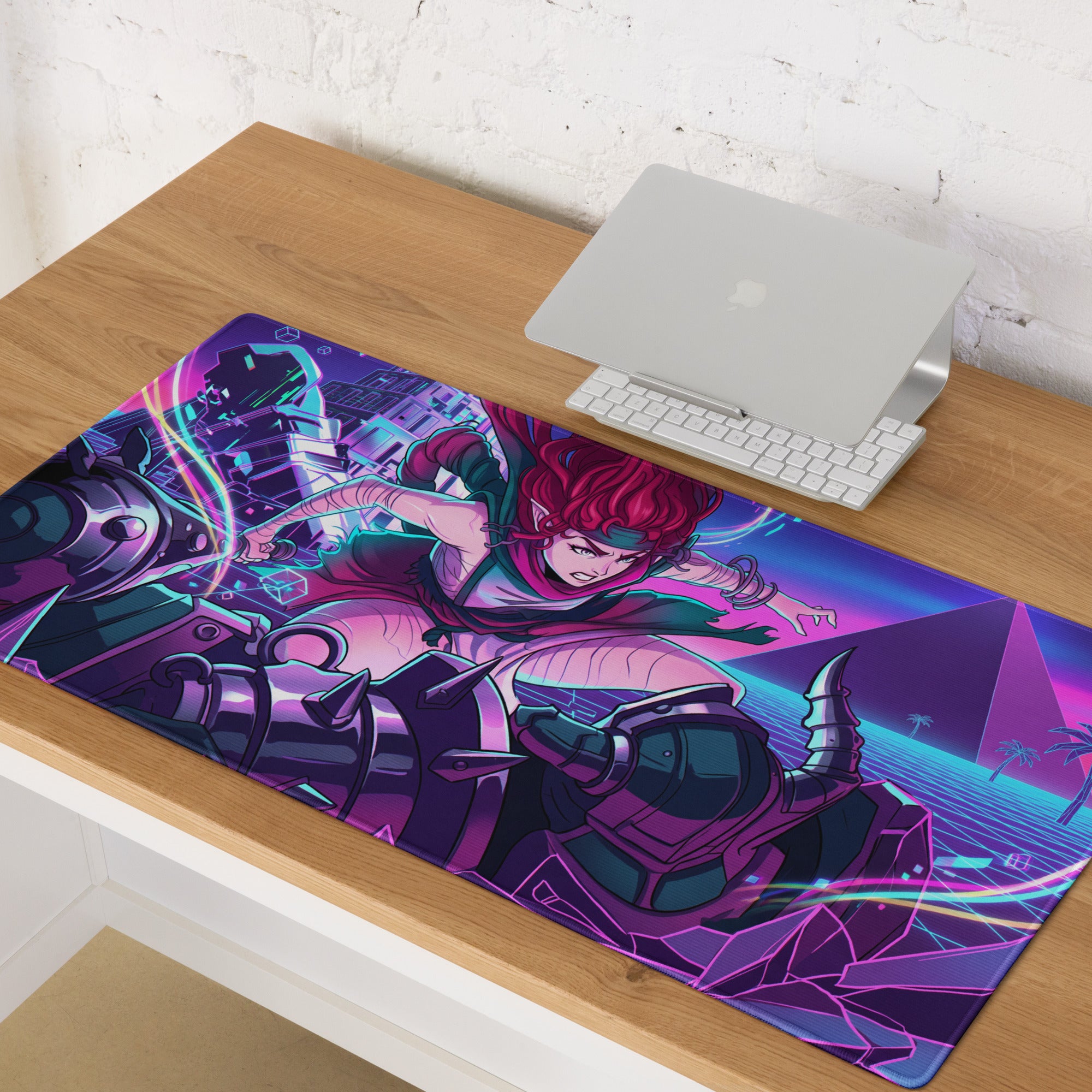 Vibrant purple and neon pink gaming mousepad featuring dynamic anime-style character in futuristic armor for esports use