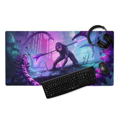 Purple and pink vaporwave neon night gaming mouse pad with a futuristic warrior and mechanical creatures design