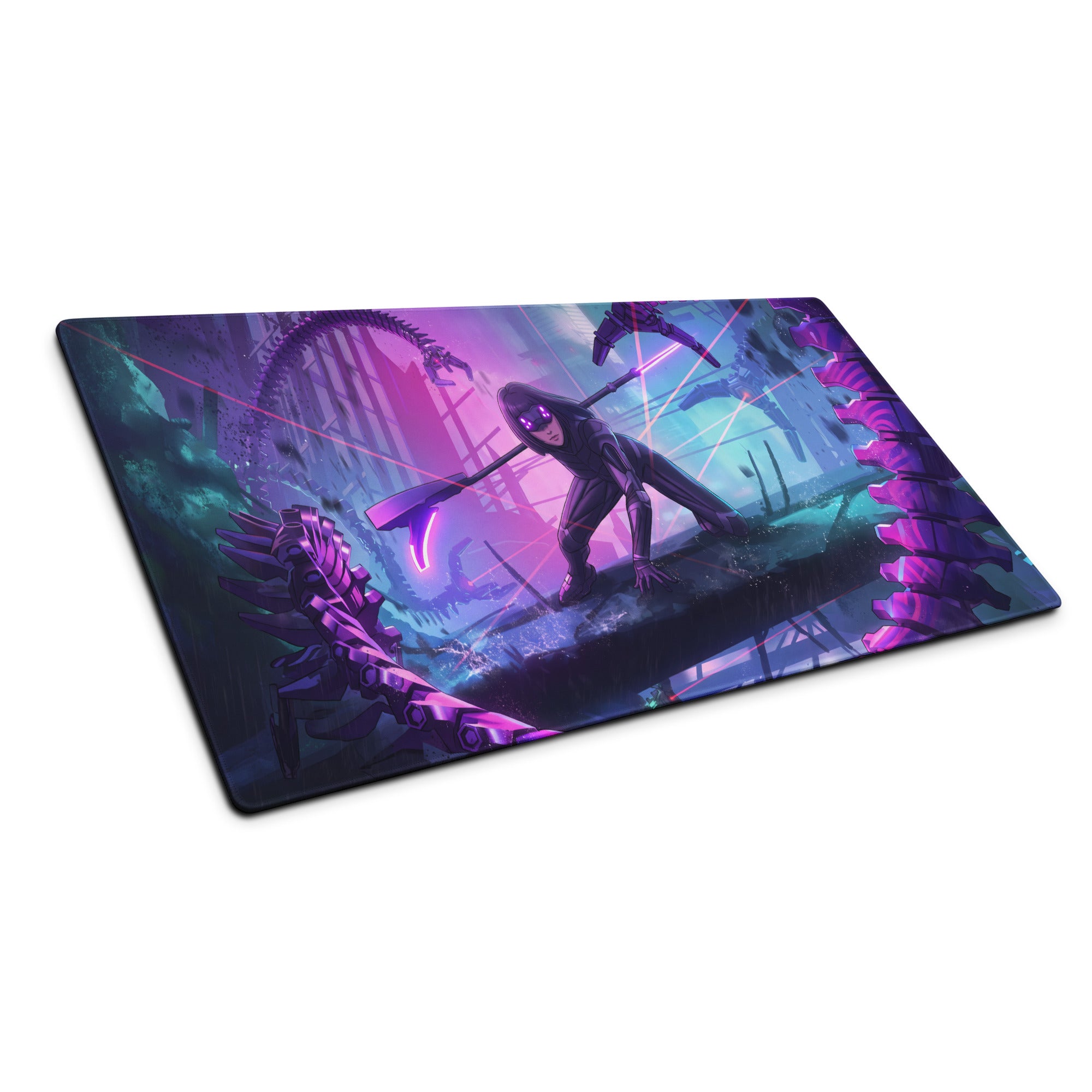 Purple and black illustrated gaming mousepad with hooded character and glowing biomechanical neon structures for desk setup