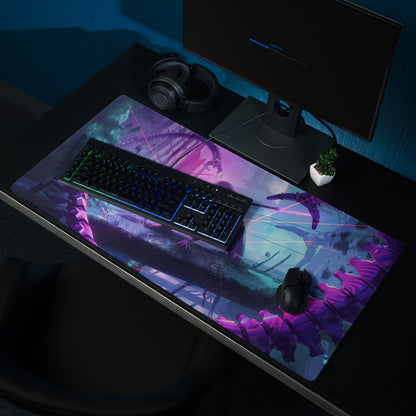 Purple and teal vaporwave neon night gaming mouse pad with glowing skeletal design for cyberpunk desk setup