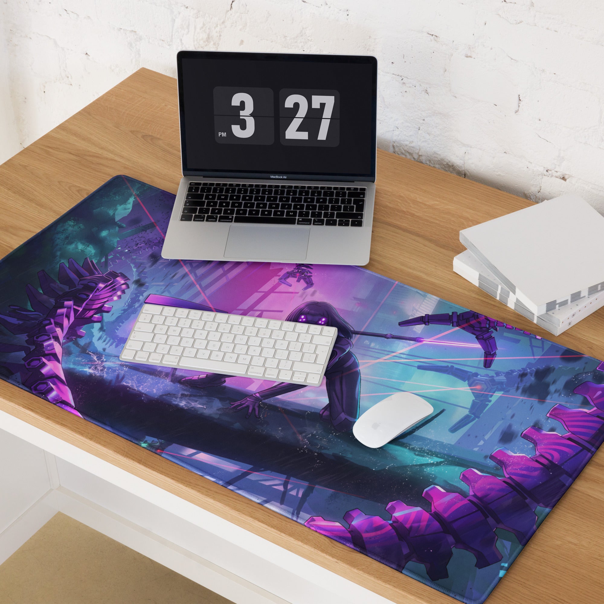 Purple and blue vaporwave neon night gaming mouse pad featuring armored figures in a sci-fi cyberpunk setting