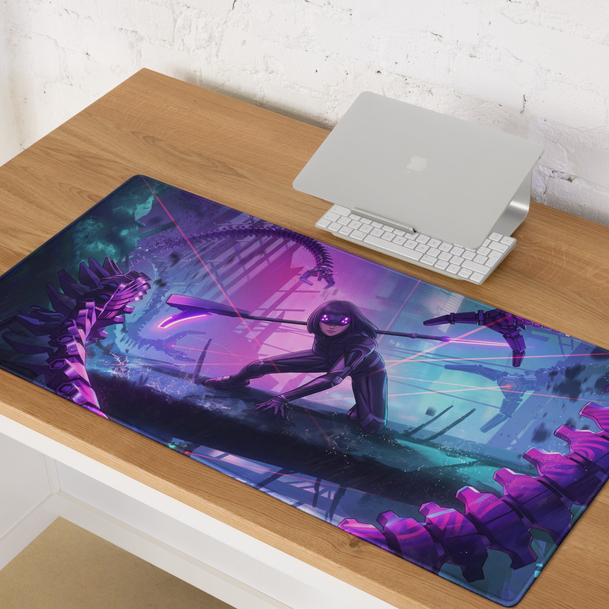 Purple and teal vaporwave neon night gaming mouse pad with black gear character and mechanical cyberpunk backdrop