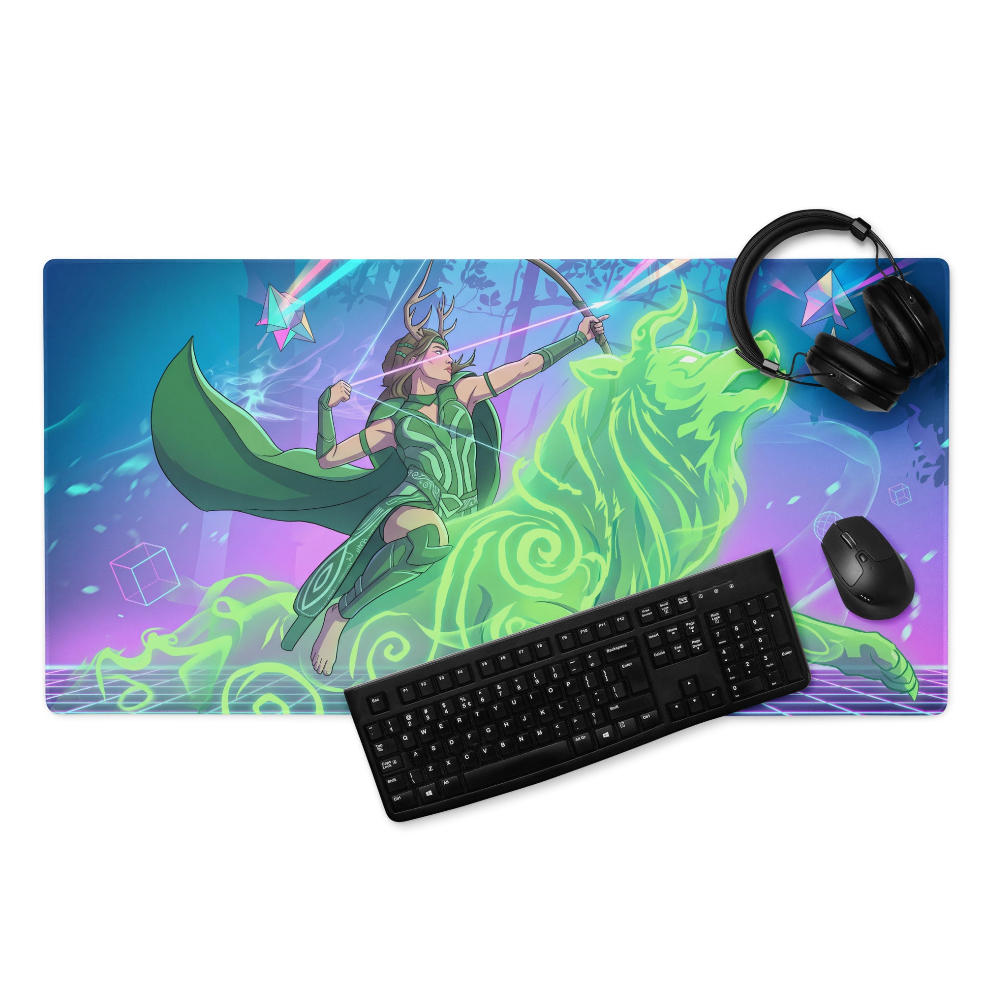 Vibrant blue and purple vaporwave archer gaming mousepad with green archer on glowing wolf cosmic backdrop large pad