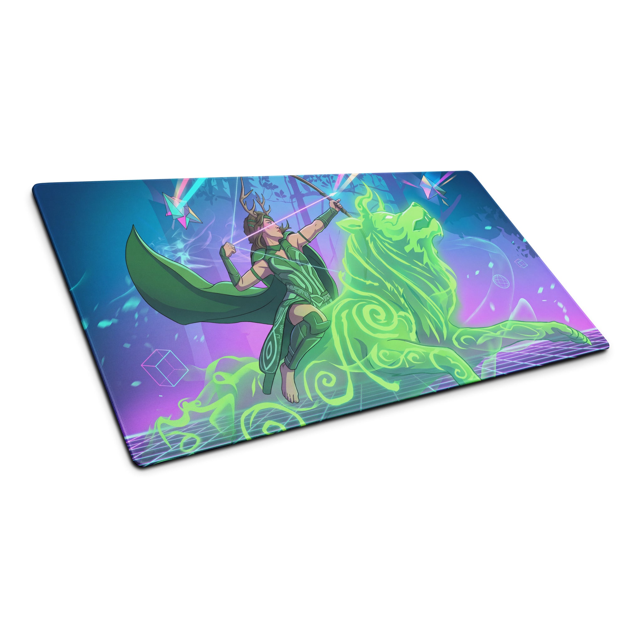 Vibrant rectangular vaporwave archer gaming mat featuring loki in green armor aiming neon green arrow at glowing lion