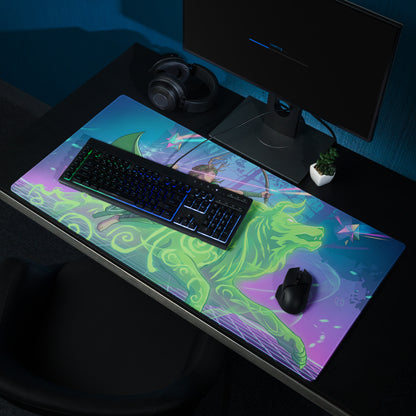 Vibrant green and purple vaporwave archer gaming mousepad featuring a bow-wielding character aiming at a glowing wolf design