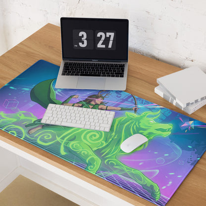 Vaporwave archer gaming pad large vibrant green and purple mousepad featuring an archer riding a glowing lion illustration