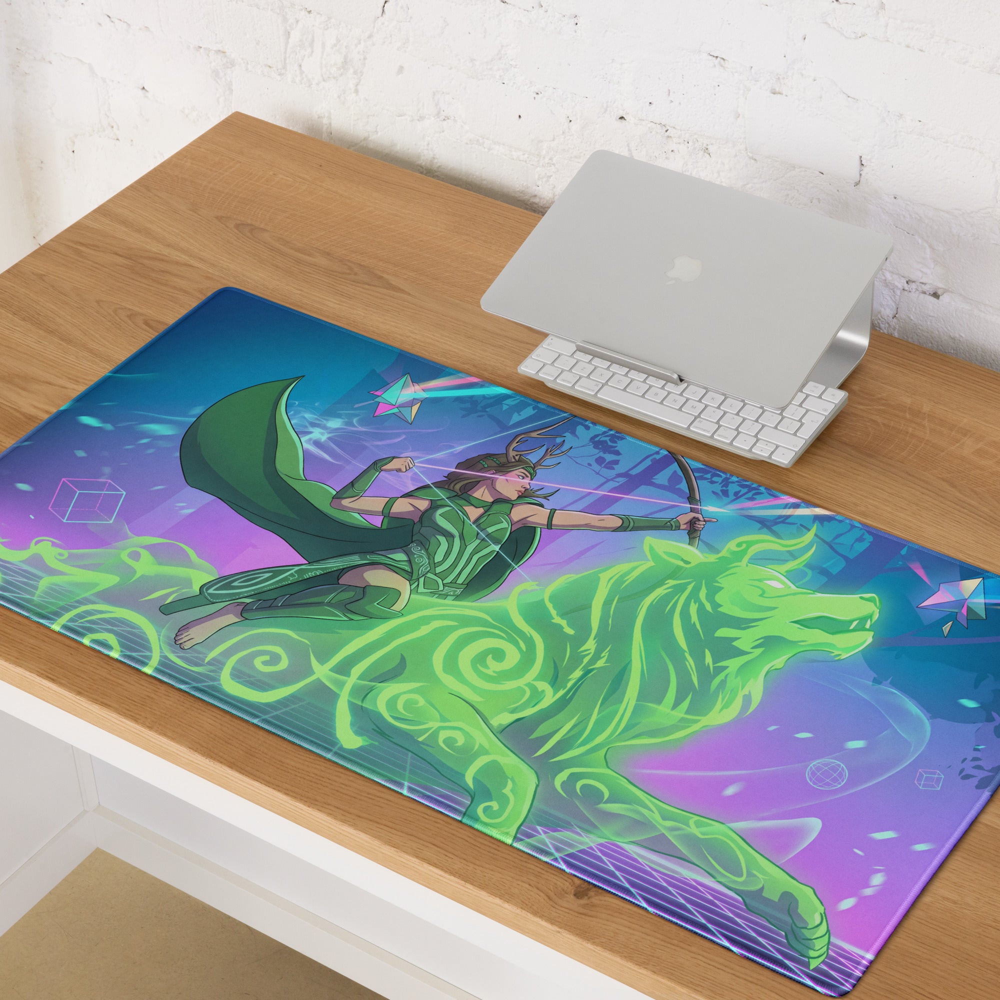 Vaporwave archer gaming mousepad with vibrant green purple neon design featuring fantasy archer on glowing wolf
