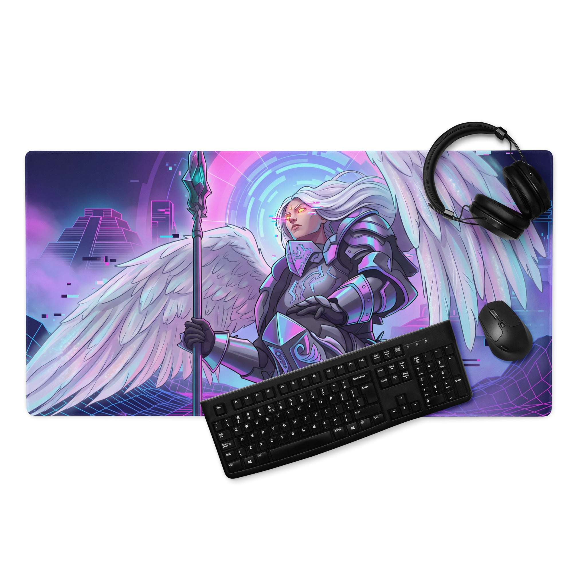 Vibrant purple pink blue vaporwave neon gaming mousepad with metallic angelic warrior and futuristic cityscape design