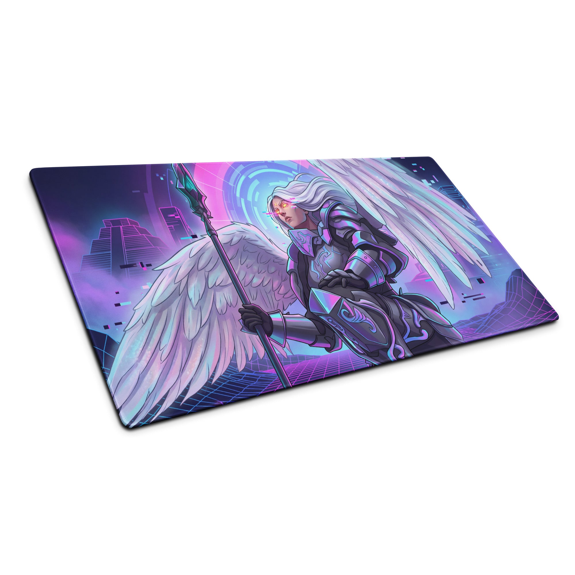 Vibrant purple and blue neon gaming mousepad with angelic warrior illustration and large white wings in vaporwave style
