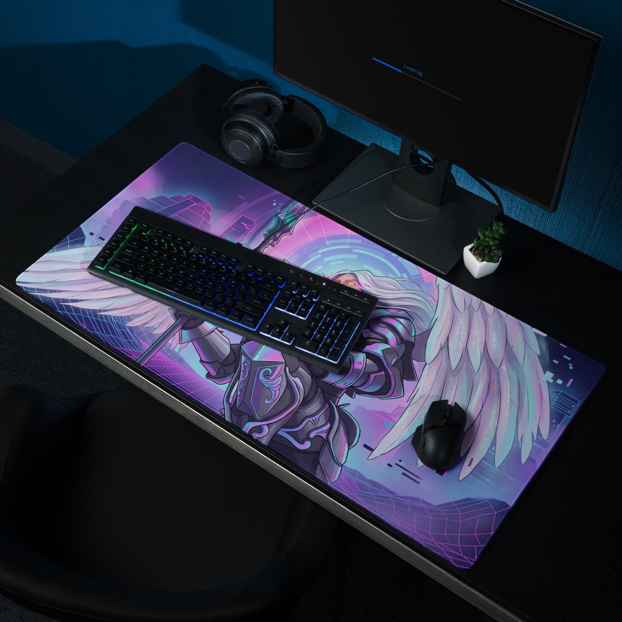 Vibrant purple and pink gaming mousepad with angelic winged warrior illustration and futuristic neon cityscape design