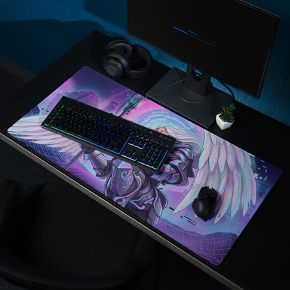 Vibrant purple and pink gaming mousepad with angelic winged warrior illustration and futuristic neon cityscape design