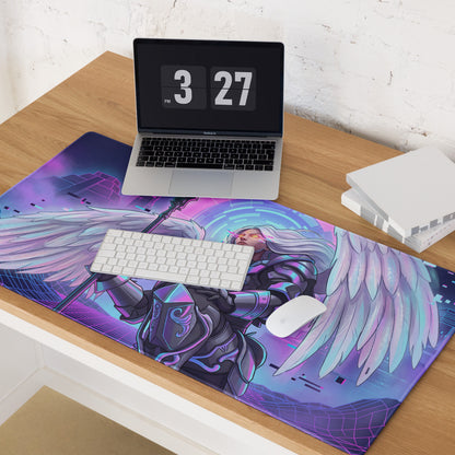 Vibrant purple and blue neon gaming mousepad featuring a detailed angelic warrior with expansive wings vaporwave design