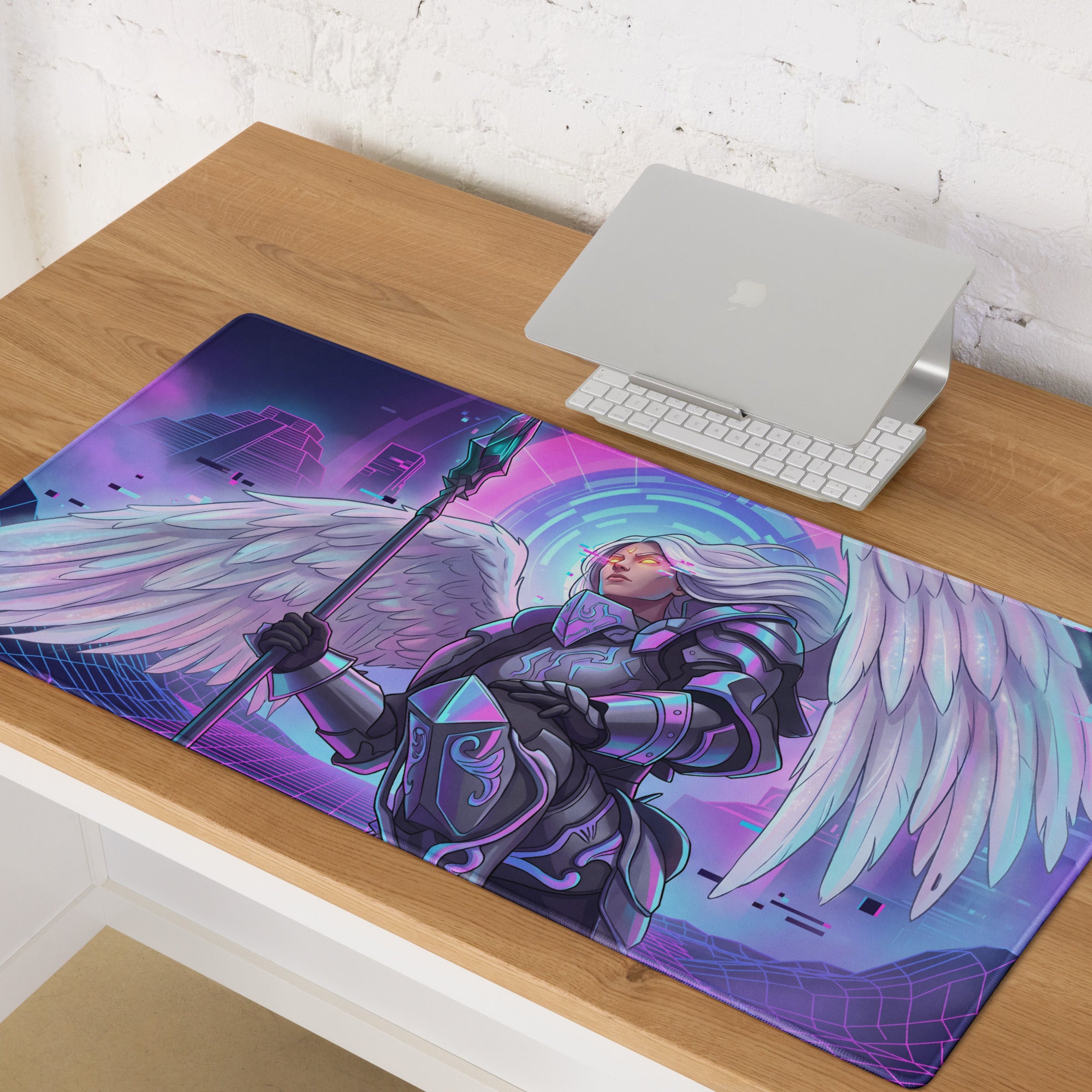 A vibrant purple pink and blue neon gaming mousepad featuring an angelic armored winged warrior holding a spear