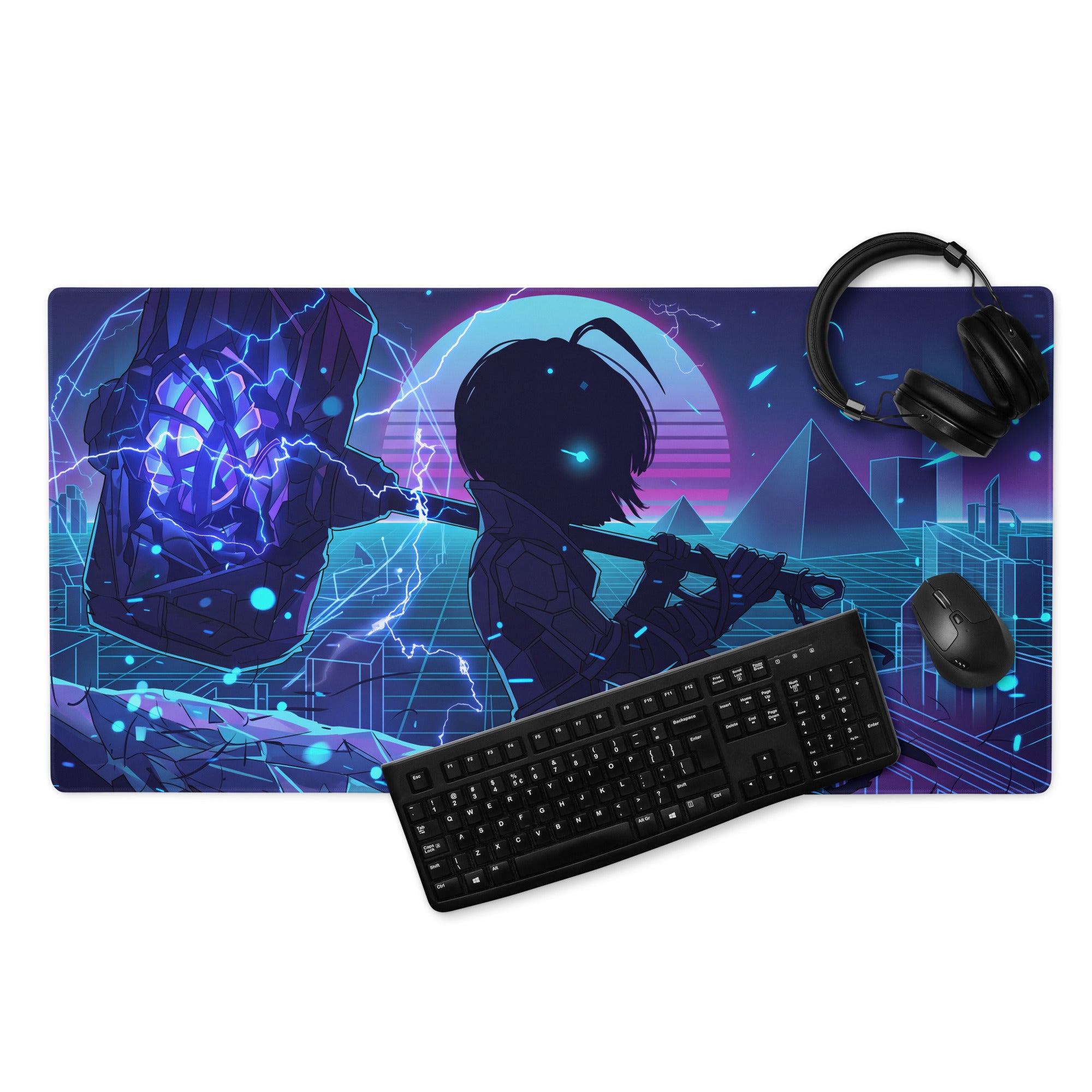 Navy blue and purple neon vaporwave large gaming mouse pad with stylized anime character and futuristic cityscape design
