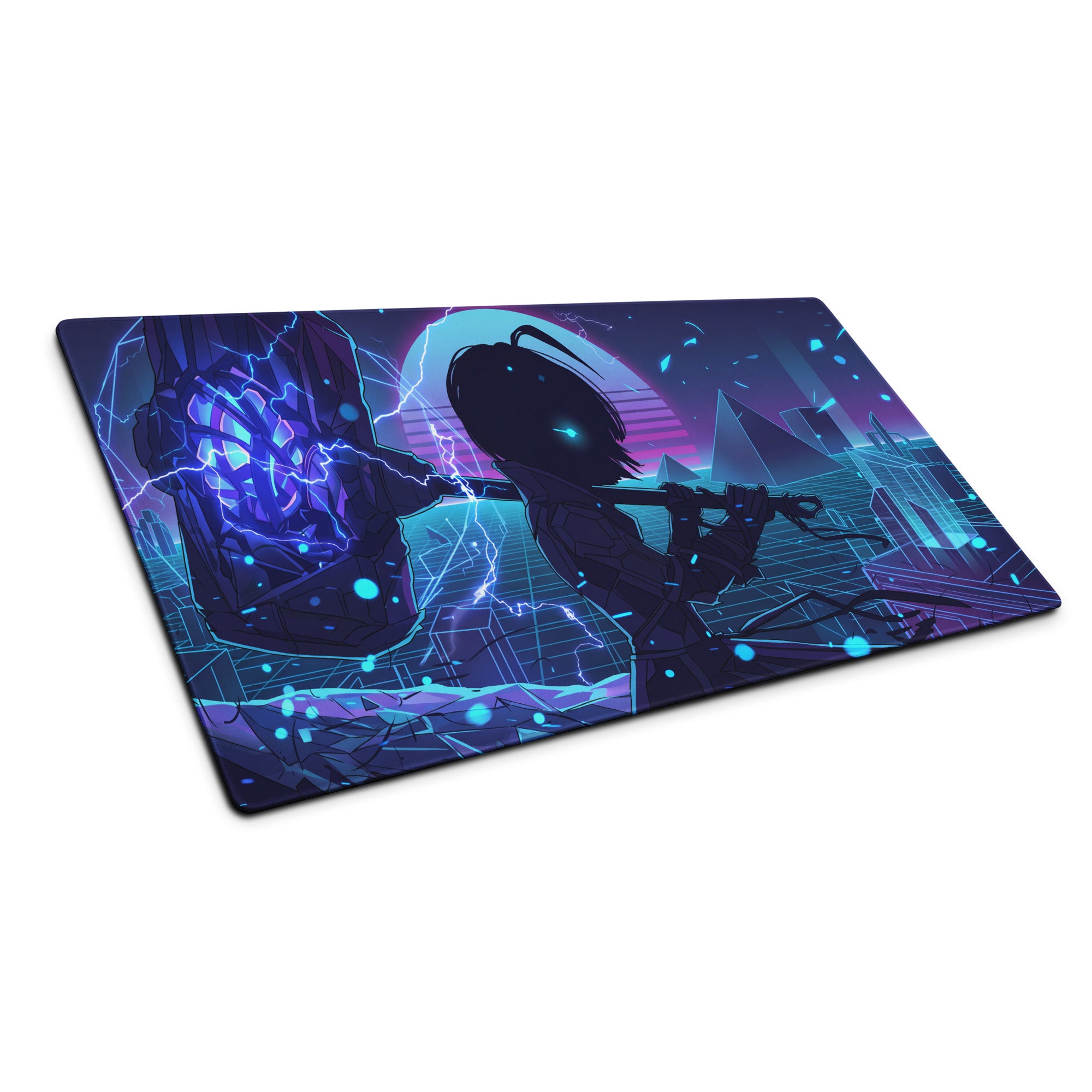 Navy blue and purple neon vaporwave large gaming mouse pad with stylized anime character and futuristic cityscape design