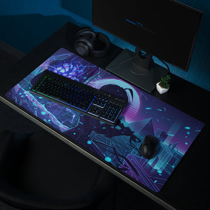 Navy blue and purple cyberpunk gaming mousepad with neon glowing accents for vibrant vaporwave desk setups