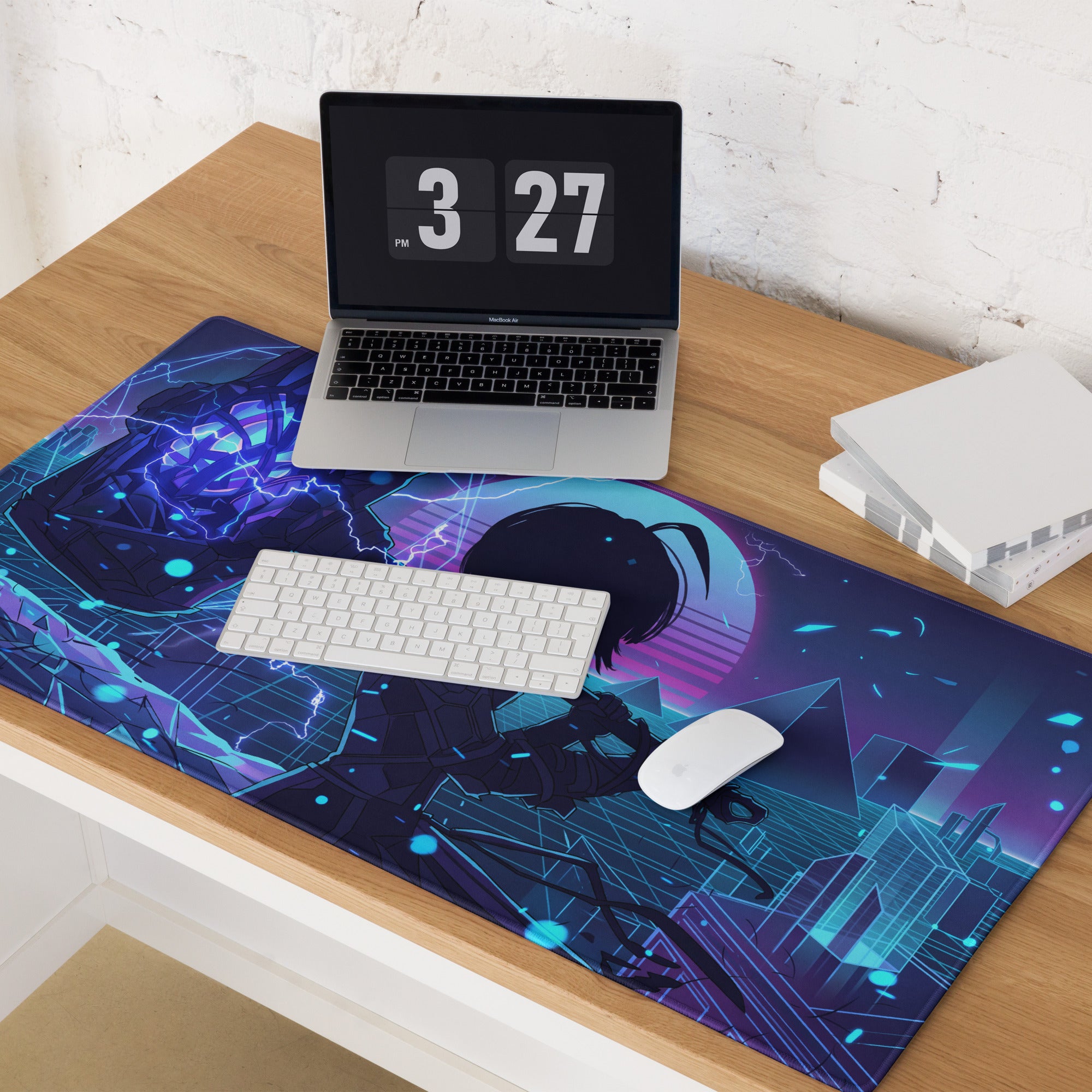 Neon vaporwave large gaming mouse pad with vibrant cyberpunk anime design and glowing blue and purple neon accents