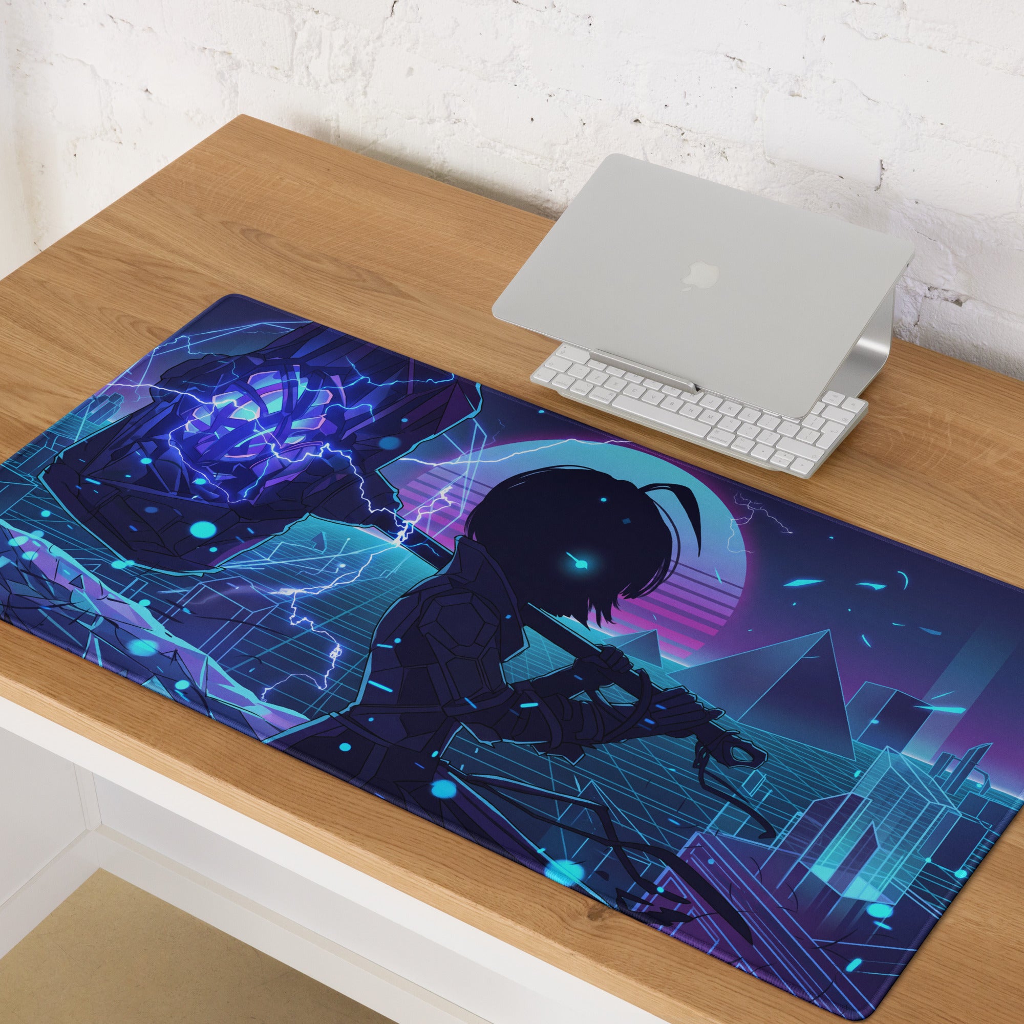 Neon vaporwave large gaming mouse pad with vibrant blue and purple anime cyberpunk design for energized desk setup