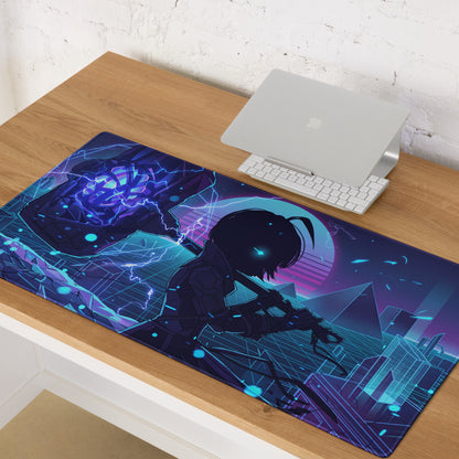 Neon vaporwave large gaming mouse pad with vibrant blue and purple anime cyberpunk design for energized desk setup