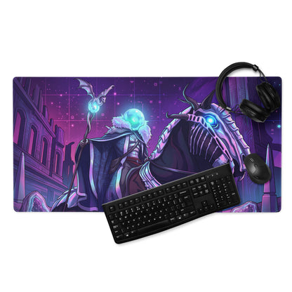 Purple and blue neon vaporwave dragon mouse pad with wizard riding skeletal dragon in futuristic cityscape design