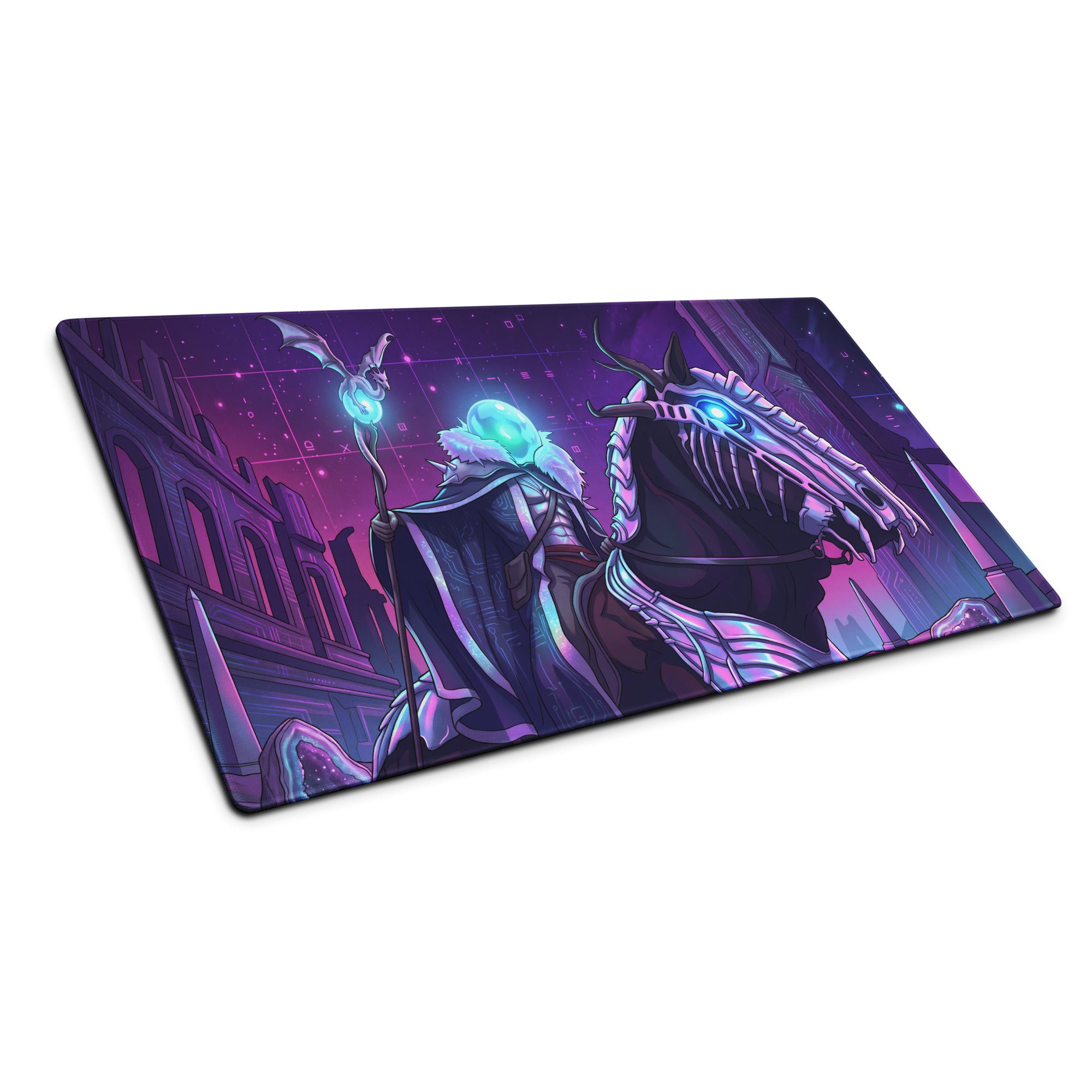 Neon vaporwave dragon mouse pad in purple and blue featuring a wizard on a skeletal dragon for gaming desks