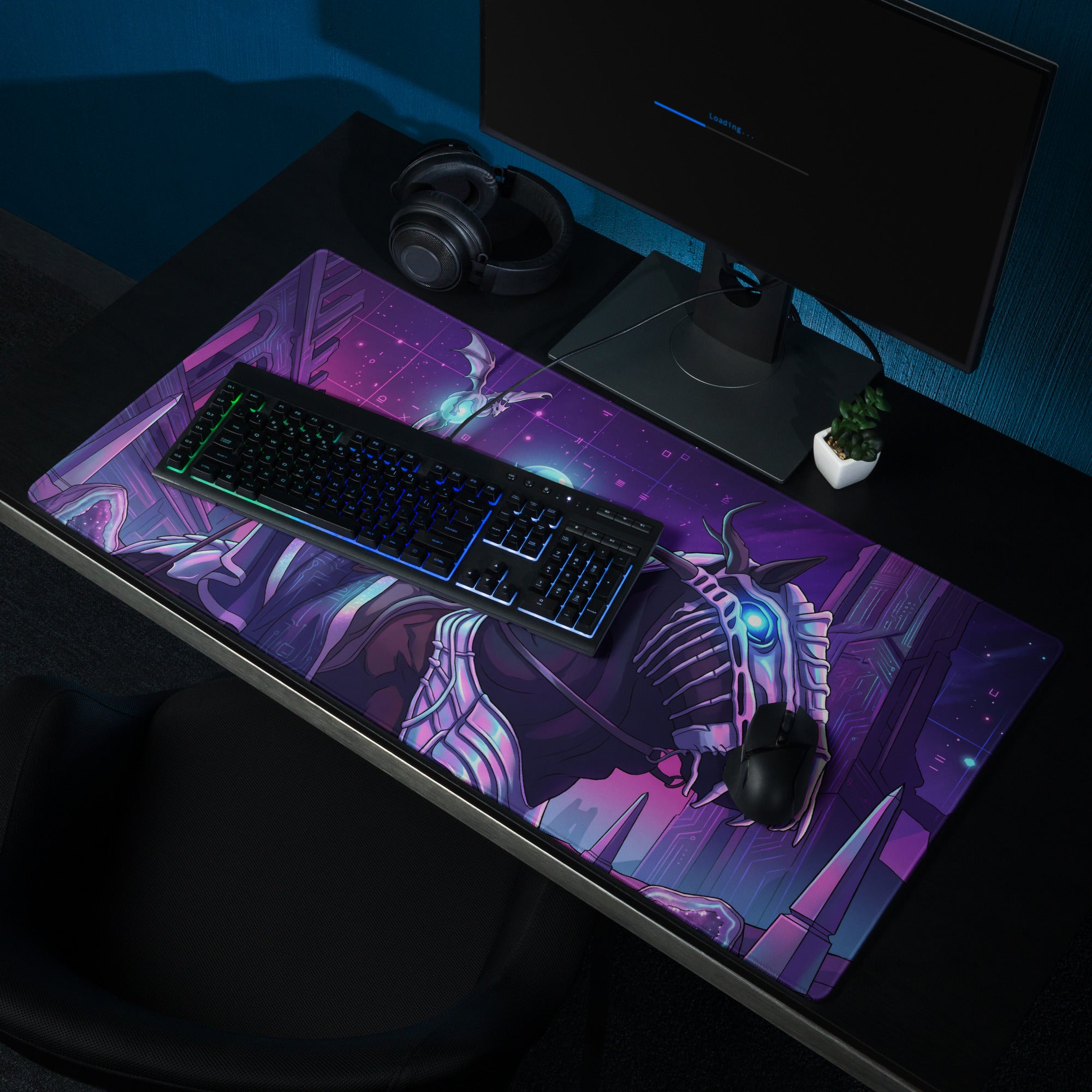 Purple and pink cosmic-themed gaming mousepad with a skeletal dragon and glowing blue eyes neon vaporwave design