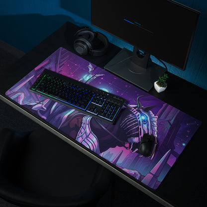 Purple and pink cosmic-themed gaming mousepad with a skeletal dragon and glowing blue eyes neon vaporwave design