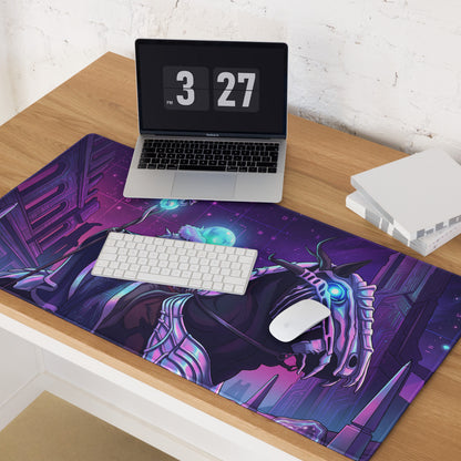 Purple and black fantasy gaming mousepad with glowing blue-eyed dragon illustration in neon vaporwave style