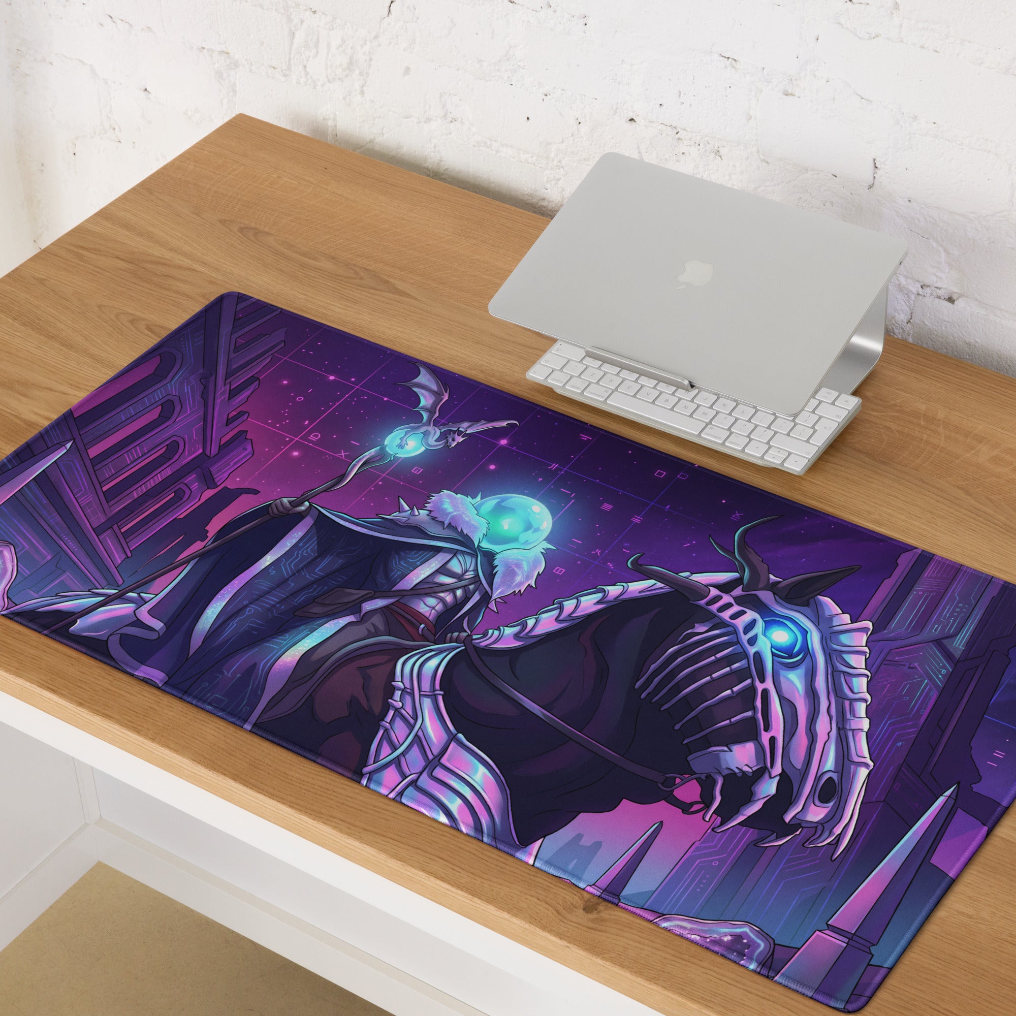 Purple and black fantasy-themed gaming mousepad with glowing blue-eyed skeletal dragon and cosmic background neon vaporwave style